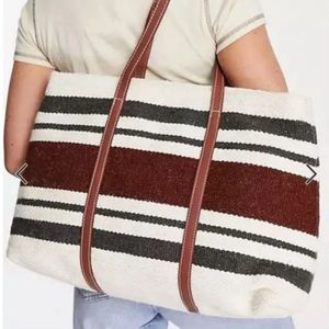 MANGO MNG wool and leather handles striped large tote shopper bag -BROWN